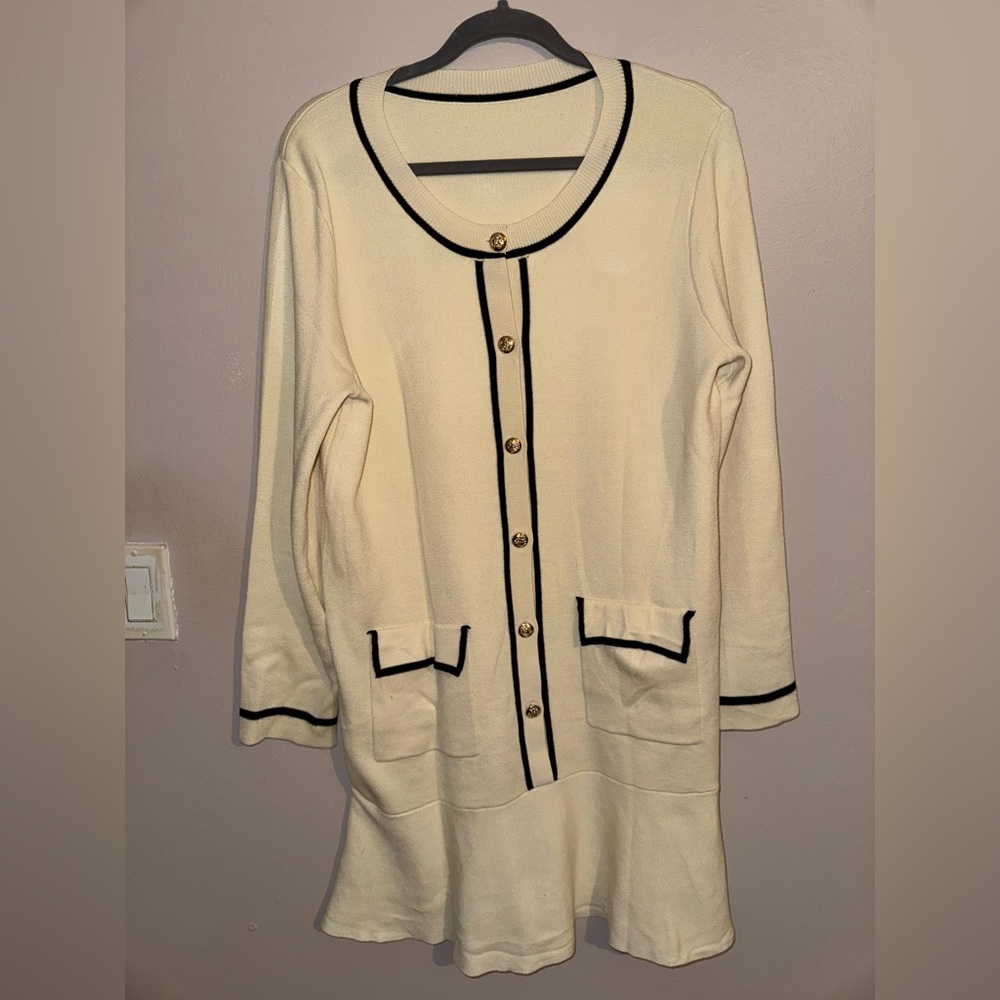 Cream Knit Dress with Black Trim and Gold Buttons